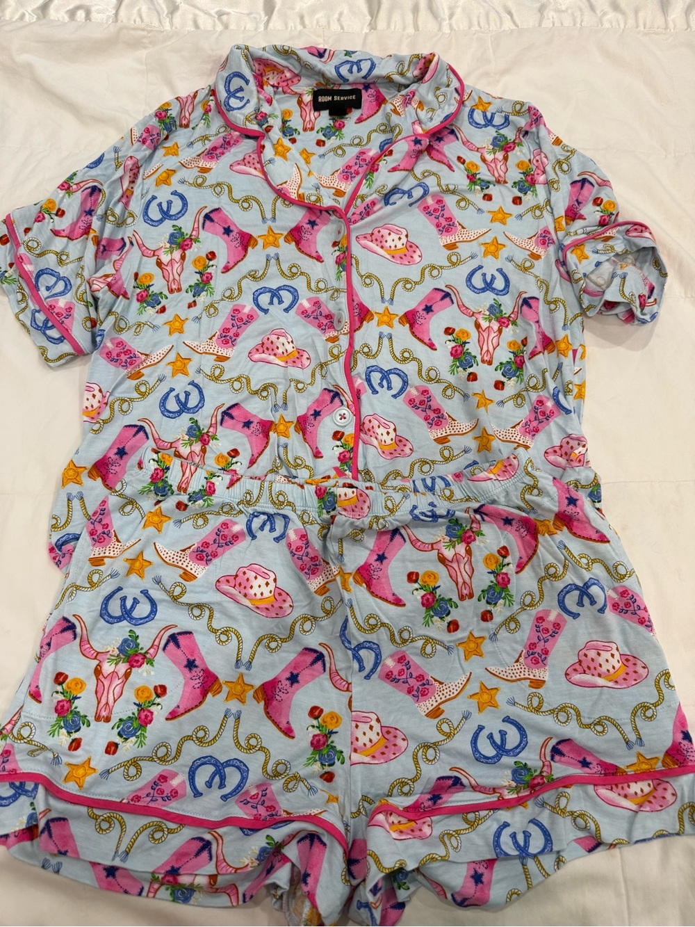 Women's Light Blue Cowgirl Print Short Pajama Set by Robin Sommers